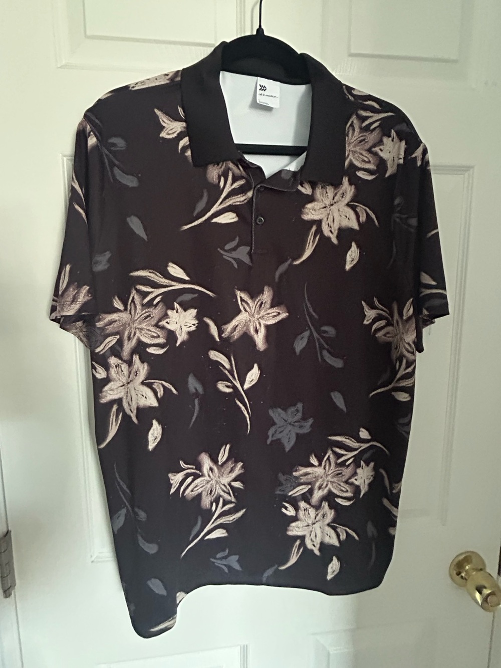 Mens Large all in motion Black Polo with Cream Floral Print